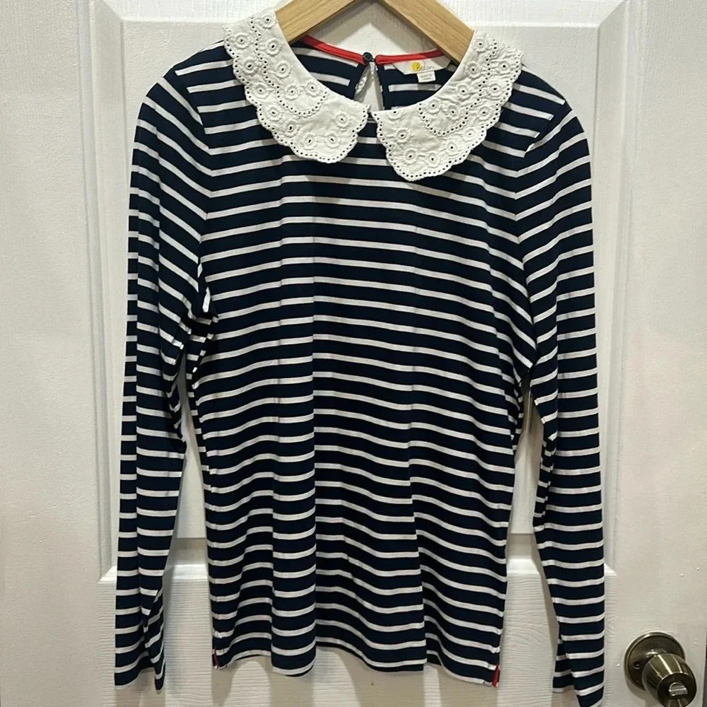 Boden Kathleen Striped Long Sleeve Top w/Lace Eyelet Collar in Navy/White - 8